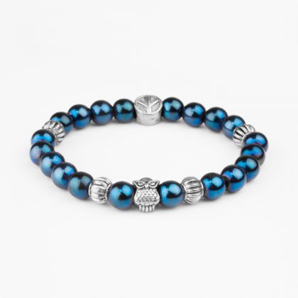 blue beeds bracelet for men with stainless steel owl