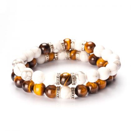 couple bracelets with sterling silver, white jasper and tiger eye beads